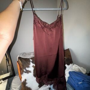 Elegant Lace Trim Burgundy Slip Dress